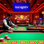 Engage with exciting poker gameplay at luongsontv, featuring vibrant chips and an elegant casino atmosphere.