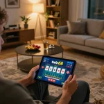 Player using the twin68 app on a tablet in a cozy home setting, demonstrating online gambling