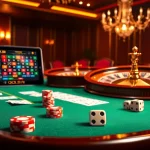 Experience high-stakes excitement at QQ88 with vibrant casino tables, cards, and roulette wheels.
