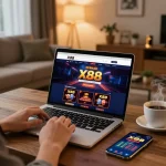 X88 user engaging with online casino games at home, showcasing a modern gaming setup.