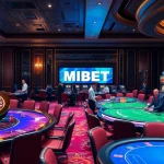 Mibet gaming area showcasing poker tables, a roulette wheel, and slot machines in a luxurious casino setting.