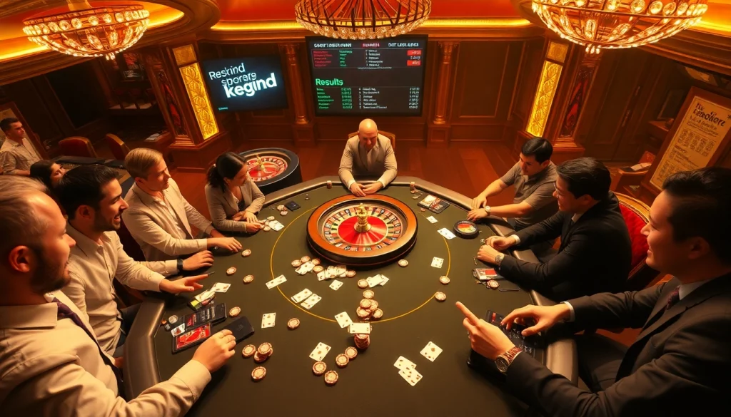 KQBD sports betting excitement at a luxurious casino poker table with engaged players.
