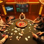 KQBD sports betting excitement at a luxurious casino poker table with engaged players.