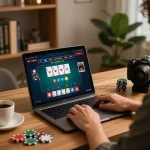 Player enjoying NK88 online poker experience on laptop with betting interface displayed.