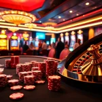 Experience the thrilling excitement of f168 in a luxurious casino atmosphere with vibrant poker tables, roulette wheel, and eager players.