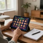 Engaged in online gambling at home using a tablet, showcasing nhà cái uy tín and responsible gaming setup.