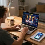 Engaging in a dynamic online game with HIT CLUB platform at home, showcasing modern gaming atmosphere.