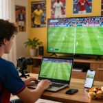 CakhiaTV live streaming football match experience at home with laptop, vibrant fan atmosphere, and full HD quality.
