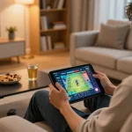 Engaged player enjoying Game bài đổi thưởng on a tablet in a cozy home gaming setup.
