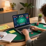 Engaging online poker gameplay at home with ok365 on laptop, cozy setup showing strategy notes.