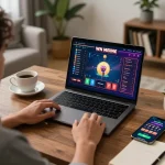 Engaging in online gambling at https://tr88.pics/ with a laptop and betting app at home, demonstrating responsible gaming.