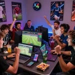 Excited friends enjoying vào bóng 1gom football betting together in a colorful gaming room.