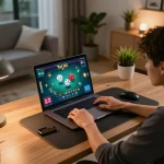 Tài xỉu online gameplay on laptop in a cozy home office setup, showcasing strategic engagement and modern lifestyle.