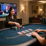 va88 engaging online gaming setup showing player interacting with virtual dealer and cards.