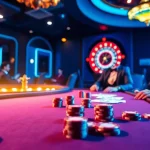 Experience the thrill of gambling with Link LUCK8 at a luxurious casino poker table with vibrant colors.