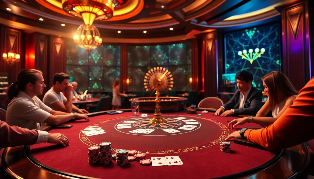 Experience the thrill of gambling at SumClub with vibrant casino scenes featuring poker games and colorful chips.
