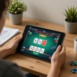 Engaging in online casino gameplay on a tablet at home, featuring sky88 poker interface.