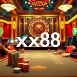 Excited players at an xx88 poker table, celebrating wins with colorful chips and cards.