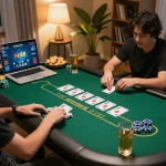 Engaging moment in online gaming with Game sc88 poker interface displayed on laptop, cozy home atmosphere
