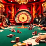 Cổng game 33win showcases an exciting casino atmosphere with vibrant poker chips and an elegant roulette wheel.