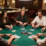 KJC members engage in an exciting poker game, showcasing dynamic gameplay in an upscale casino setting.