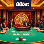 Engaged players enjoying a high-stakes game at 88bet casino table, featuring cards and chips.