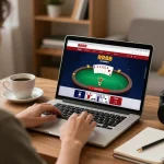 Player engages in RR88 online poker strategy at home, highlighting a cozy and responsible gambling environment.