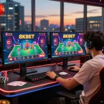 Luxurious gaming setup for 8kbet with dual monitors and festive decorations