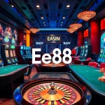 Experience the excitement of gambling with Ee88's vibrant casino scene filled with poker tables and slot machines.