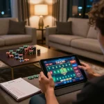 Person engaging in strategic Lô Đề gaming on a tablet in a cozy home atmosphere, showcasing betting interface and strategy notes.