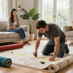 Professional carpet fitters near me installing carpet in a bright living room.
