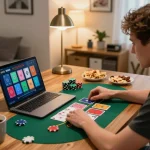Engaging in online blackjack gameplay with ok365 on a laptop in a cozy home environment.