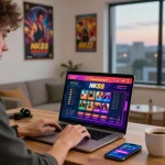 Engaged user accessing NK88 đăng nhập on laptop in a vibrant gaming workspace.