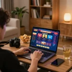 Player enjoying online gaming at 32win, surrounded by a cozy home environment with engaging casino visuals.