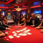 Experience the thrill of gambling at 68win with players enjoying vibrant games at a luxurious casino.