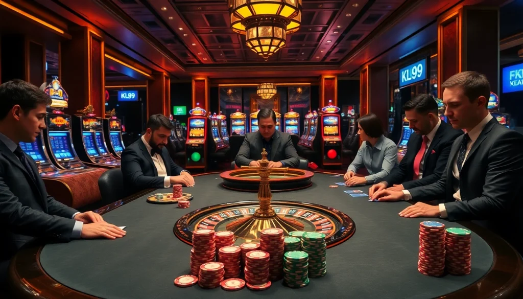 Players strategize at a poker table in a luxurious casino setting, symbolizing winning chances with kl99.