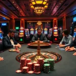 Players strategize at a poker table in a luxurious casino setting, symbolizing winning chances with kl99.