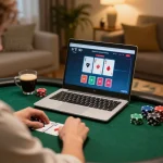 Engaging online poker gameplay at home with screen showing https://f168.sarl/ interface and strategic chips in play.