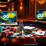 Experience the excitement of gambling at GG88 KJC with vibrant poker chips and cards on a luxury table.