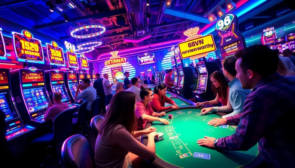 Exciting gaming atmosphere at 98win online casino with vibrant players and neon lights.