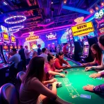 Exciting gaming atmosphere at 98win online casino with vibrant players and neon lights.