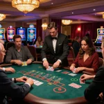 Players at hitclub blackjack table making strategic decisions during a thrilling game in an upscale casino atmosphere