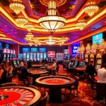 Kuwin casino scene with vibrant lights, poker tables, and excited players celebrating wins.