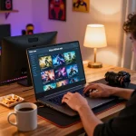 Player enjoying online gaming at https://92slot.net/ with laptop and snacks during an evening session