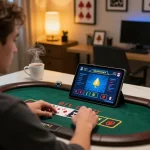 8day online gaming experience featuring a player engaging with a live blackjack table on a tablet at home, encouraging strategic gameplay