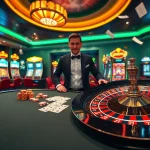 Play poker at a luxurious 79KING casino, featuring vibrant tables, cards, and chips.