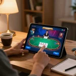 Engage with fly888 in an exciting online poker game setup at home, showcasing responsible gaming atmosphere.