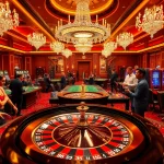 Gamblers enjoying a thrilling roulette experience at NK88 casino, surrounded by vibrant decor.