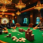Players engage in high-stakes poker at thabet com, surrounded by vibrant casino elements.