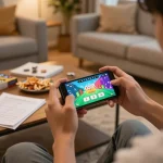 Player enjoying Go88 tài xỉu on mobile in a cozy living room